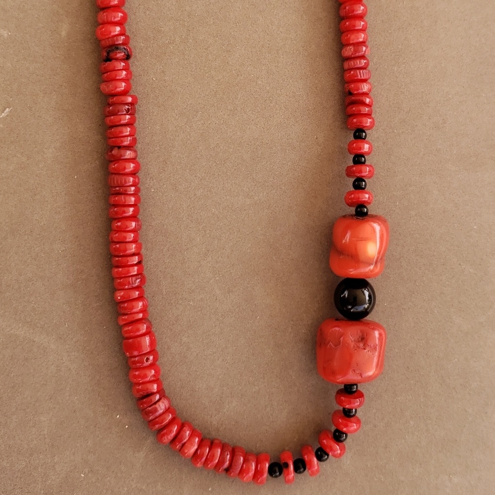 Red Coral And Onix Necklace